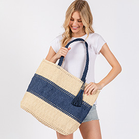 Two Tone Color Block Woven Tassel Straw Tote Bag / Beach Bag