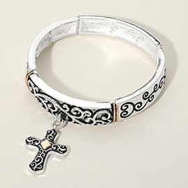 Antique Metal Cross Charm Stretch Bracelet