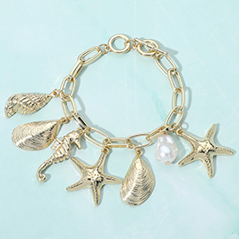 Textured Metal Sea Shell Starfish Seahorse Pearl Charm Station Toggle Bracelet