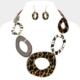 Leopard Celluloid Acetate Metal Open Abstract Oval Link Statement Necklace