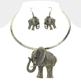 Textured Antique Metal Elephant Statement Necklace