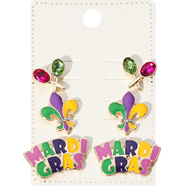 3Pairs - Enamel MARDI GRAS Message Fleur de Lis Stud Earrings Set