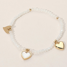 Metal Mother of Pearl Heart Charm Station Faceted Beaded Stretch Bracelet