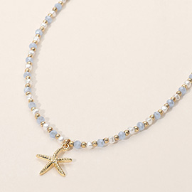 Metal Starfish Pendant Faceted Beaded Choker Necklace