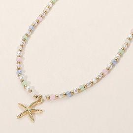 Metal Starfish Pendant Faceted Beaded Choker Necklace