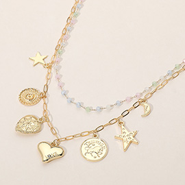 Metal Zodiac Taurus Medal Star Heart Crescent Charm Station Faceted Beads Station Layered Necklace