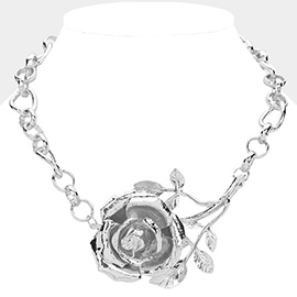 Metal Rose Stem Accented Statement Necklace