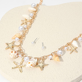 Pearl Starfish Puka Shell Charm Embellished Necklace