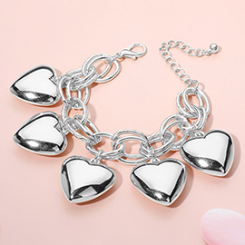 Puffy Metal Heart Charm Station Bracelet