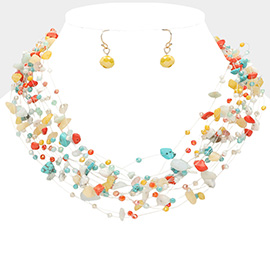 Pebble Faceted Beads Transparent Thread Multi Layered Strand Necklace