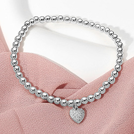 Stainless Steel Stone Paved Heart Charm Beaded Stretch Bracelet