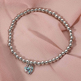 Stainless Steel Stone Paved Heart Charm Beaded Stretch Bracelet