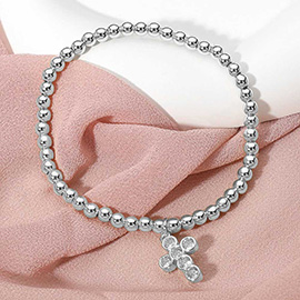 Stainless Steel Stone Cross Charm Beaded Stretch Bracelet