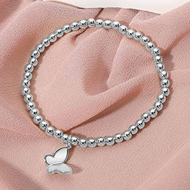 Stainless Steel Mother of Pearl Butterfly Charm Beaded Stretch Bracelet