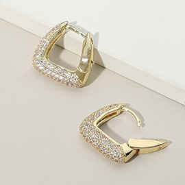 Gold Dipped CZ Stone Paved Square Huggie Hoop Earrings