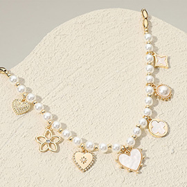 Mother of Pearl Heart Quatrefoil Clover Heart Flower Charm Station Pearl Metal Chain Necklace