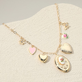 Flower Printed Ceramic Oval Locket Metal Heart Locket Butterfly Heart Charm Station Necklace