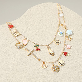 Stone Paved Cross Enamel Cherry Heart Mushroom Metal Butterfly Ceramic Flower Charm Station Double Layered Necklace