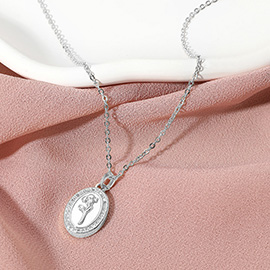 White Gold Dipped CZ Stone Paved Tulip Flower Embossed Mother of Pearl Oval Pendant Necklace