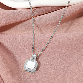 Stainless Steel Stone Paved Rim Mother of Pearl Square Pendant Necklace