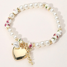 SECRET BOX_Metal Heart LOVE Pearl Charm Pearl Floral Ceramic Ball Beaded Stretch Bracelet