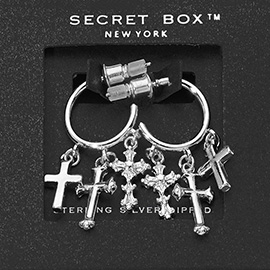 SECRET BOX_Sterling Silver Dipped Cross Charm Dangle Hoop Earrings