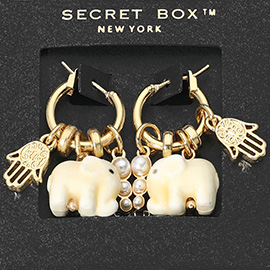 SECRET BOX_14K Gold Dipped Ceramic Elephant Hamsa Hand Pearl Cluster Charm Dangle Pin Catch Hoop Earrings