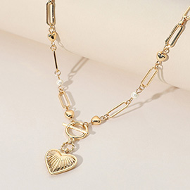 Metal Toggle Heart Pearl Pointed Oval Chain Necklace