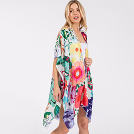 Multi Color Flower Print Kimono Poncho