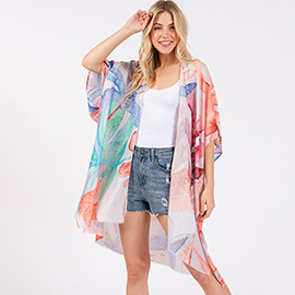 Watercolor Leaves Print Kimono Poncho