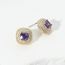 Square CZ Stone Stud Earrings