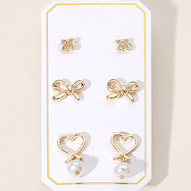 3Pairs - Stone Paved Flower Bow Stud Pearl Dangle Heart Earrings Set