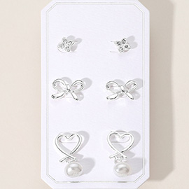 3Pairs - Stone Paved Flower Bow Stud Pearl Dangle Heart Earrings Set