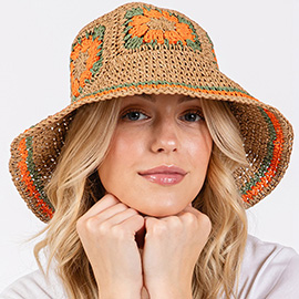 Floral Crochet Straw Bucket Hat