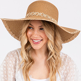 Woven Edge Band Detail Wide Brim Floppy Straw Sun Hat