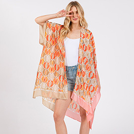 Two Tone Trim Abstract Print Silky Feel Kimono Poncho