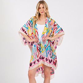 Multi Colored Heart Print Silky Feel Kimono Poncho