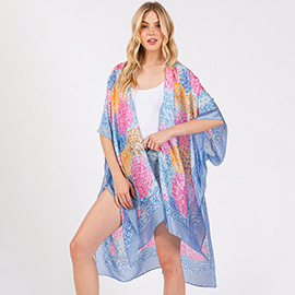 Abstract Print Silky Feel Kimono Poncho