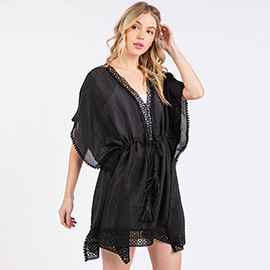 Crochet Trim Front Drawstring Cover Up Poncho