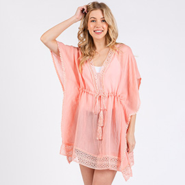 Crochet Trim Front Drawstring Cover Up Poncho