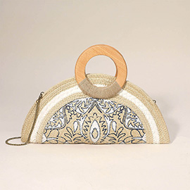 Wooden Handle Abstract Pattern Printed Handwoven Half-Moon Straw Clutch Bag / Crossbody Bag