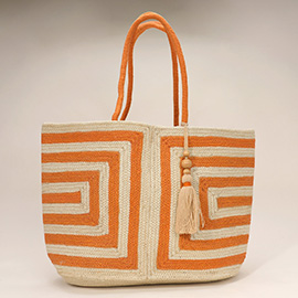 Geometric Patterned Tassel Jute Tote Bag