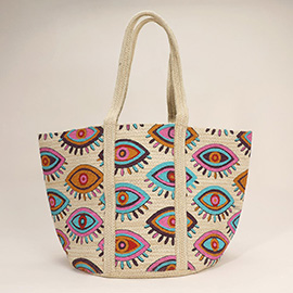 Evil Eye Pattern Printed Jute Tote Bag