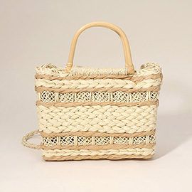 Wooden Top Handle Weave Straw  Tote Bag / Crossbody Bag