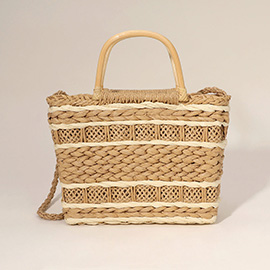 Wooden Top Handle Weave Straw Tote Bag / Crossbody Bag