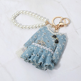 Pearl Handbag Denim Tweed Jacket Keychain / Bag Charm