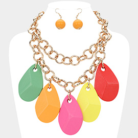 Oversized Wooden Teardrop Charm Chunky Double Layered Statement Necklace