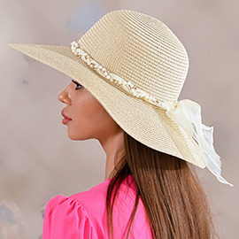 Pearl Beaded Wrapped Decorated Ribbon Pointed Wide Brim Floppy Sun Hat