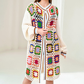 Boho Granny Square Crochet Long Cardigan