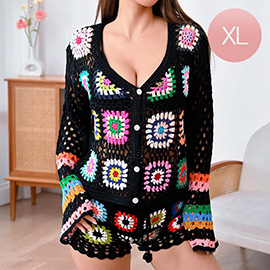 X-LARGE - Granny Square Crochet Long Sleeves Shirt Cardigan